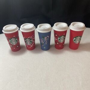Starbucks Red Blue Holiday Reusable‎ Coffee Ribbon Print Grande Cup Lid 16oz LOT